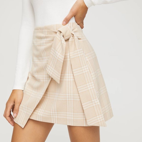 Aritzia Dresses & Skirts - Aritzia Wilfred Tan/Beige/White Tartan Faux Wrap Mini Skirt Size Small